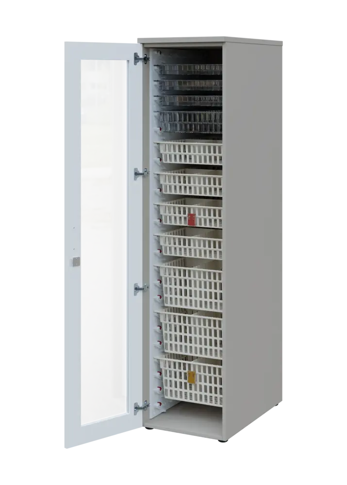 EUROMEDICA S - 46 skříň léková boxová, 1-dveřová/prosklená, levá, 1950x460x735, korpus šedý, dvířka bílá